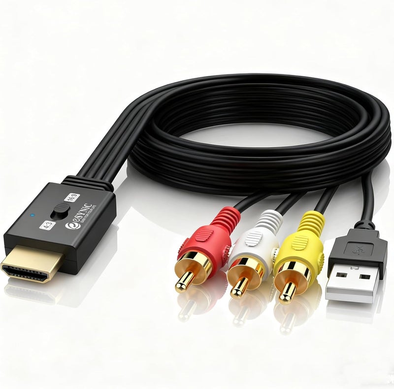 eSynic RCA to HDMI Cable Converter 3D 1080P@60Hz–1.5M/5FT Long AV Cable to HDMI Adapter-Plug & Play With 4:3/16:9 Aspect Ratio Switch Support NTSC/PAL for VCR/DVD/VHS to Modern TV [Not Bi-Directional] - Image 1